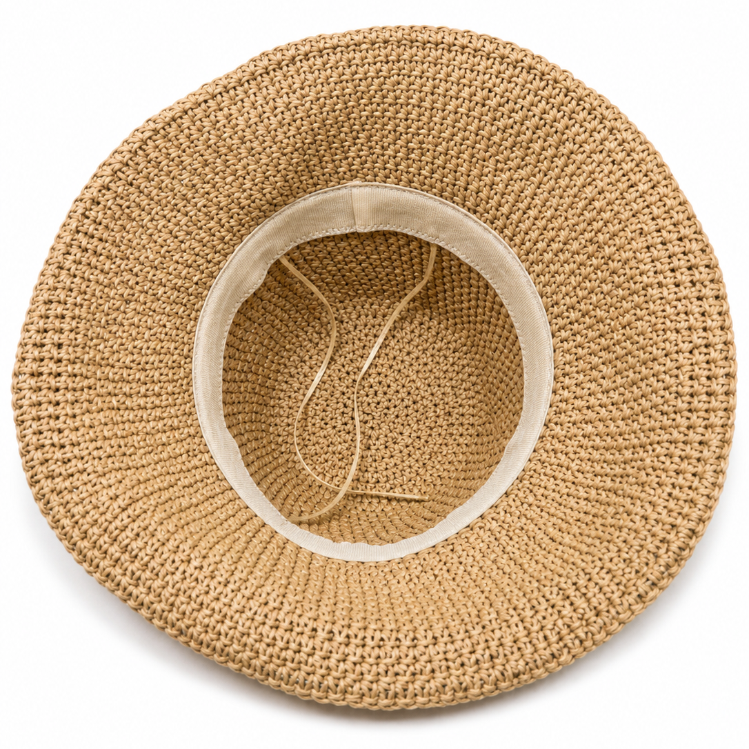ROLLABLE, Tan Raffia Hat with Polka Dot Multi Stitch