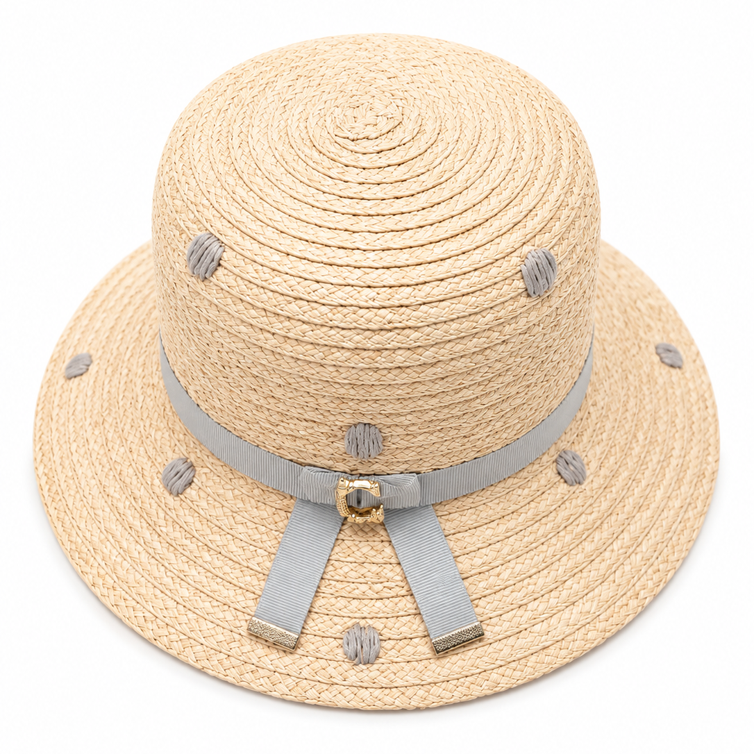 ROLLABLE, Natural Raffia Hat with Taupe Polka Dot Stitch