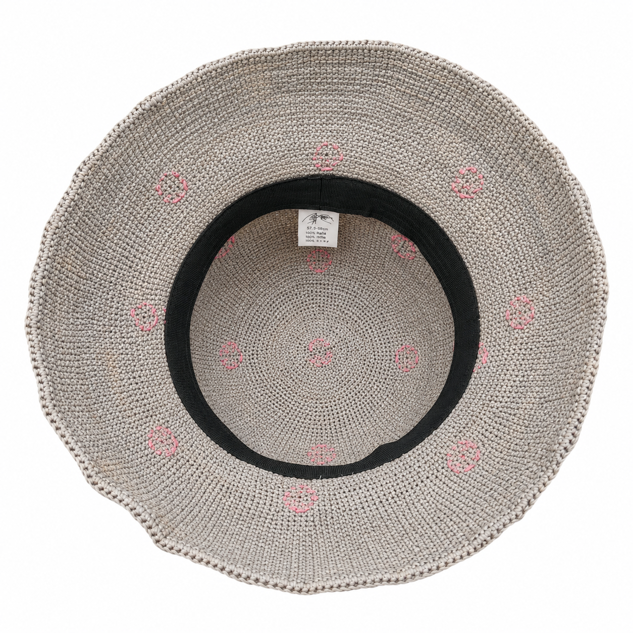 ROLLABLE, Grey Raffia Hat with Pink Polka Stitch