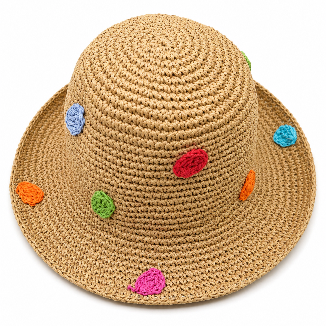ROLLABLE, Tan Raffia Hat with Polka Dot Multi Stitch
