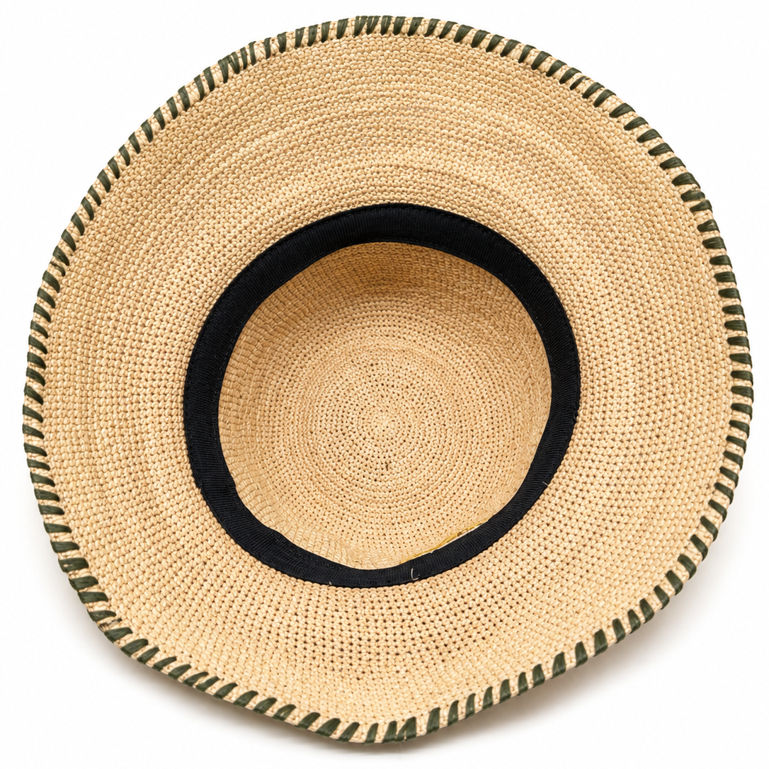 ROLLABLE, Natural Raffia Hat with Olive Stitch Edge and Floral