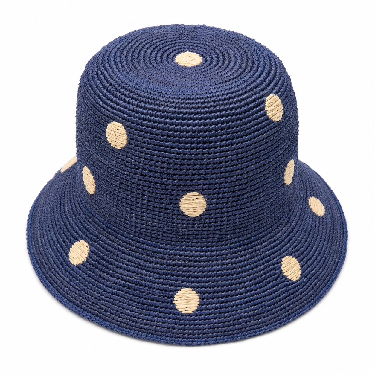 ROLLABLE, Navy Raffia Hat with White Polka Stitch