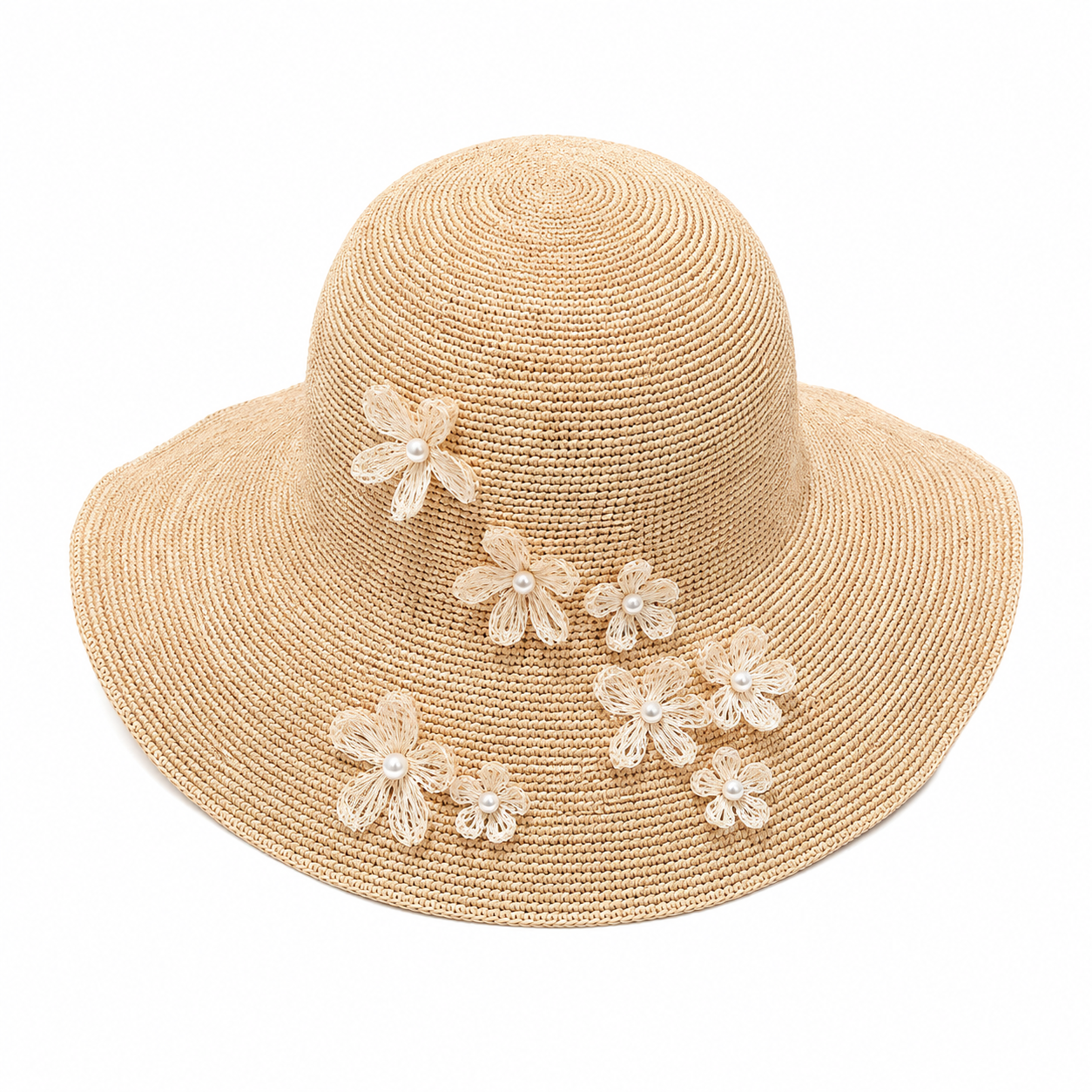 ROLLABLE, Natural Raffia Hat with Floral Pearl Design